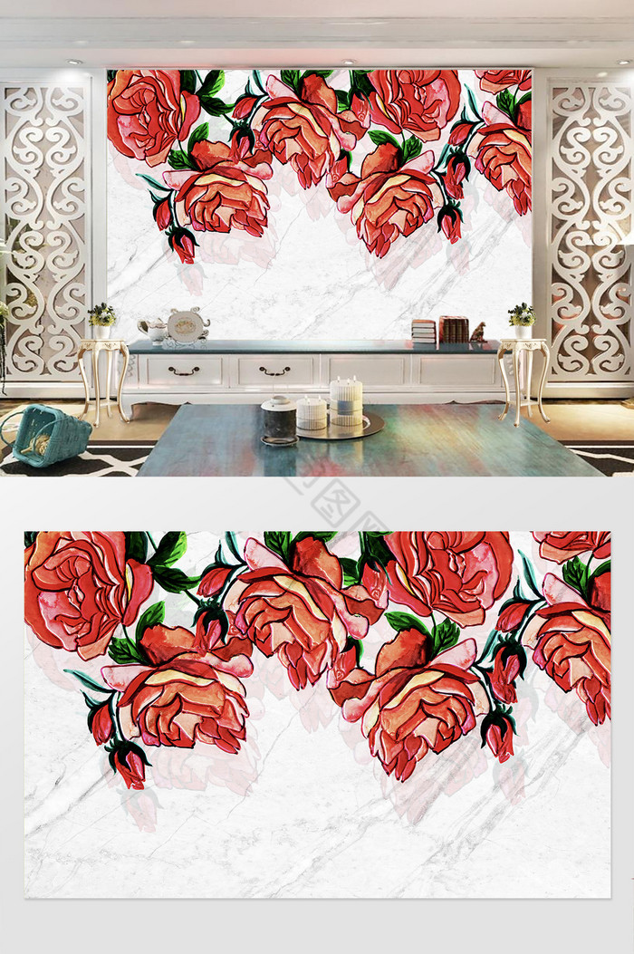 3D立体浮雕红色玫瑰花家和富贵电视背景墙图片