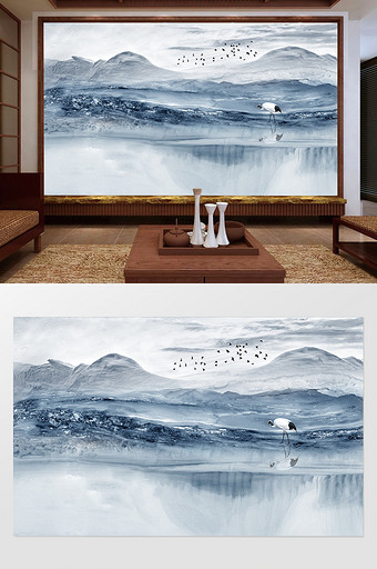 新中式风情意境水墨山水电视背景墙图片