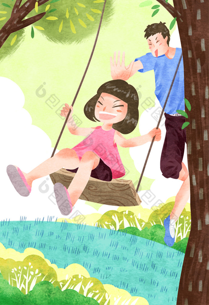 父亲节父女户外荡秋千插画