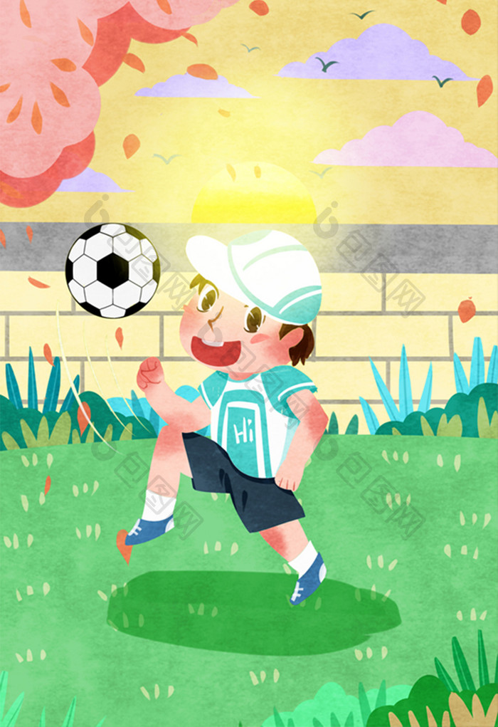 卡通可爱儿童节男孩踢足球插画