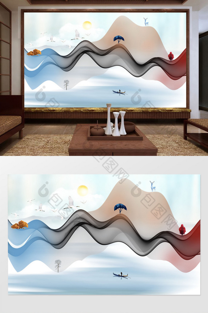 中国风水墨山水抽象禅意电视背景墙定制