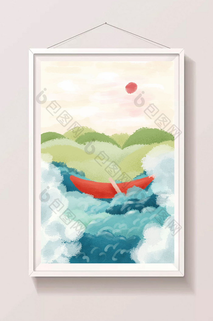 手绘山水水彩风景海洋小船插画海报背景素材