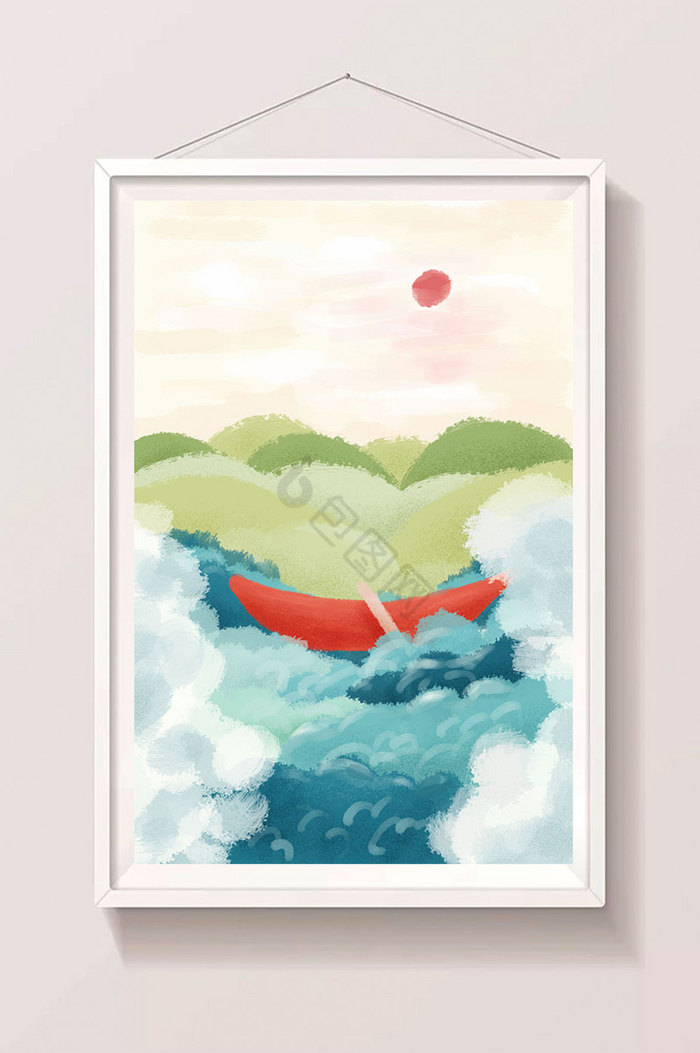 山水风景海洋小船插画图片