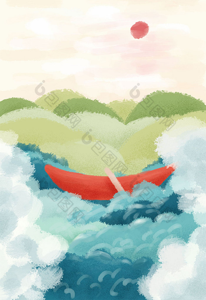 手绘山水水彩风景海洋小船插画海报背景素材