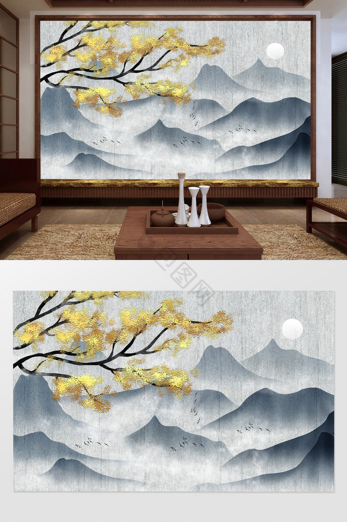 中式质感手绘山水意境电视背景墙图片