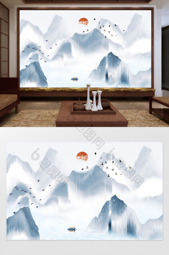 新中式禅意水墨风抽象山水电视背景墙定制