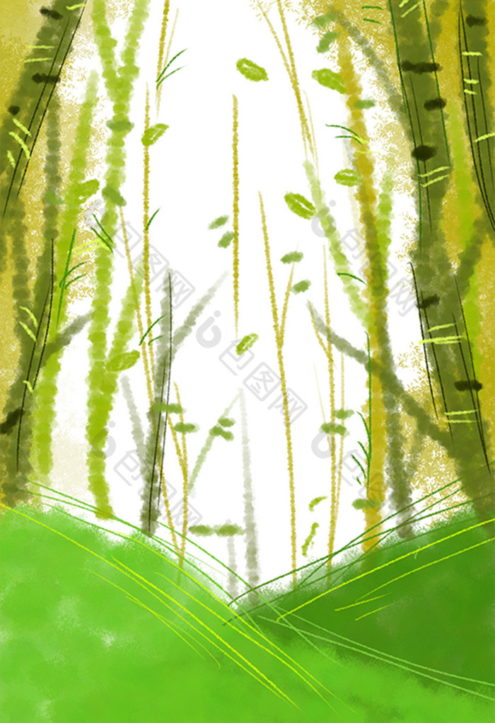 绿色夏日卡通插画树林手绘背景素材