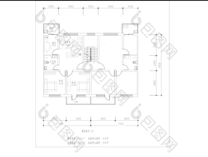 CAD两室两厅布局图