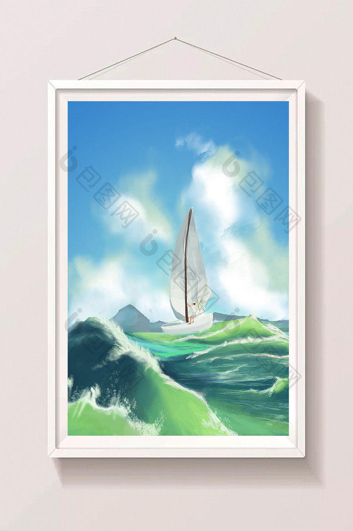 绿色清新大海帆船风景插画