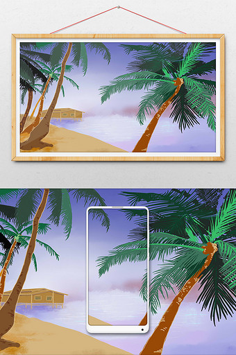 清新海边海水椰子树场景插画图片