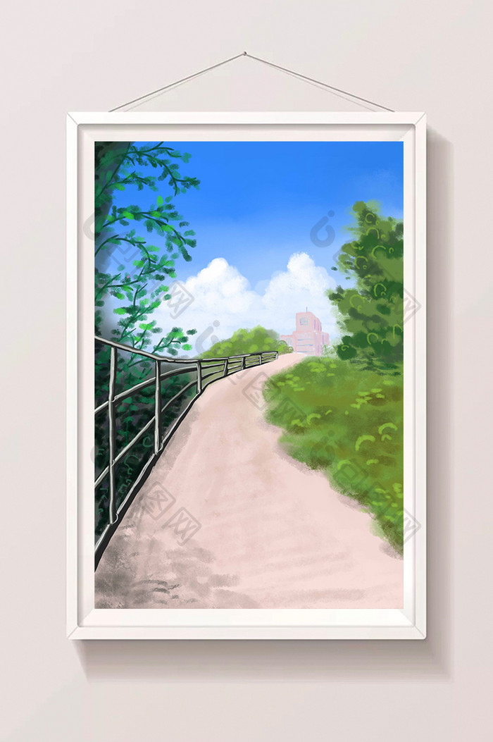 清新小路绿植栅栏风景插画