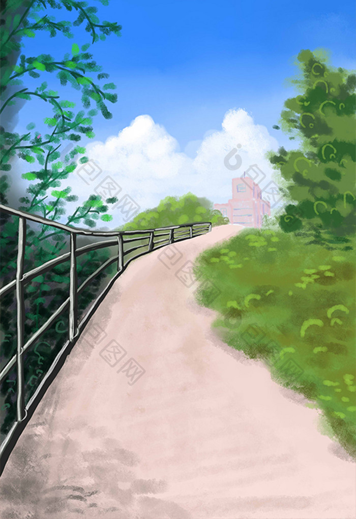 清新小路绿植栅栏风景插画