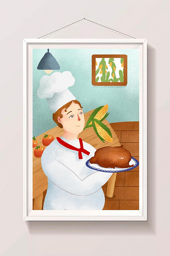 小清新美食与厨师插画图片