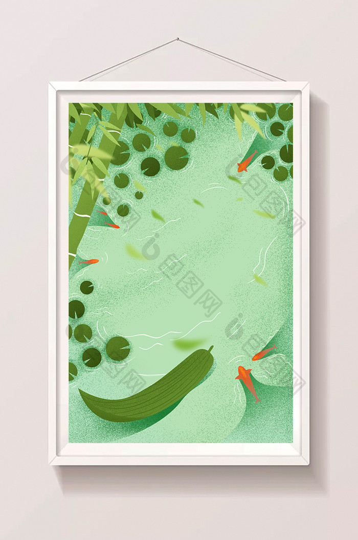 手绘水彩绿色池塘鲤鱼荷叶