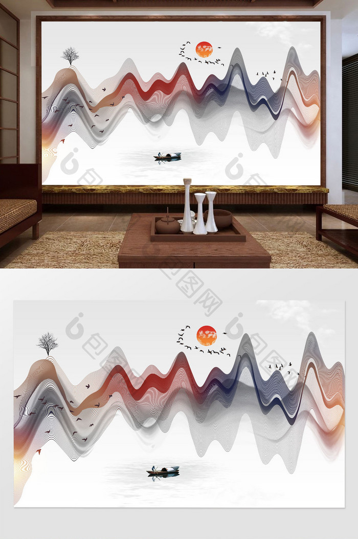 新中式禅意水墨山水抽象线条电视背景墙