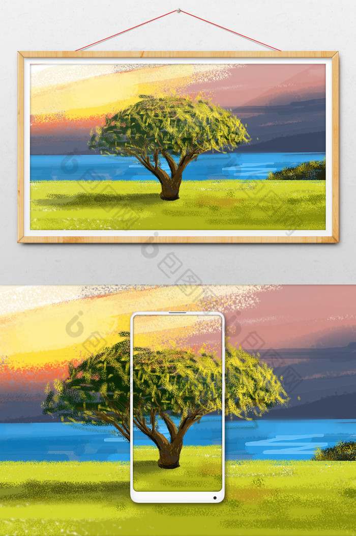 夕阳风景大树插画图片图片