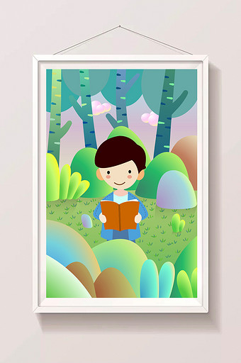 六一儿童节唯美森林读书卡通矢量插画图片