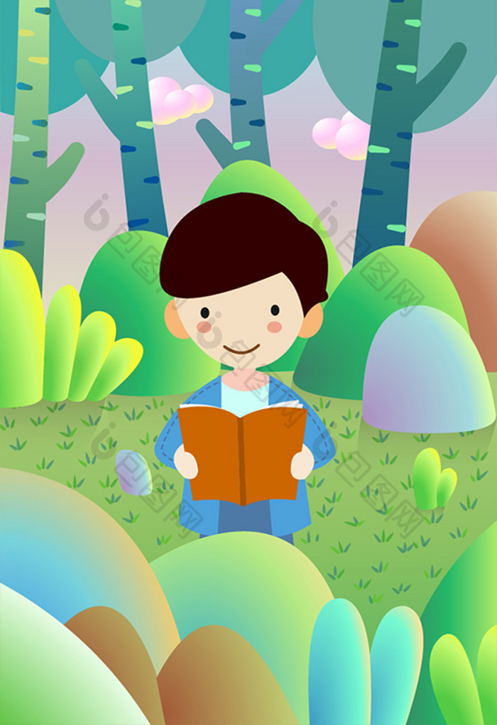 六一儿童节唯美森林读书卡通矢量插画