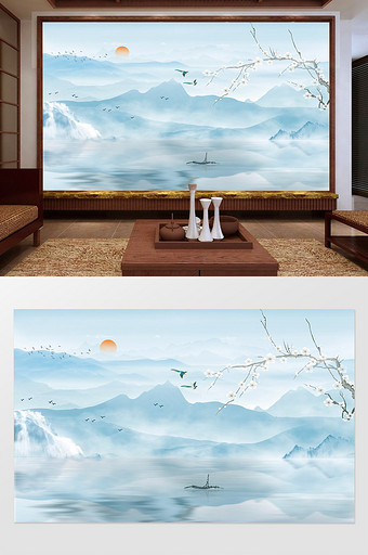 新中式云雾唯美山水电视背景墙定制图片