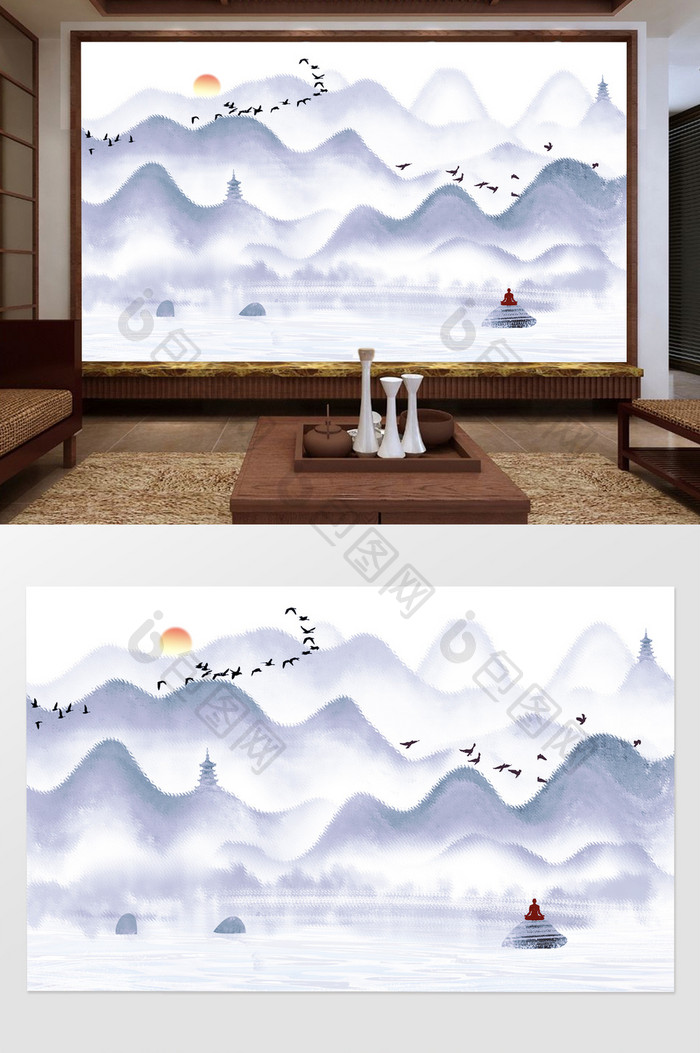新中式禅意抽象水墨山水画电视背景墙定制