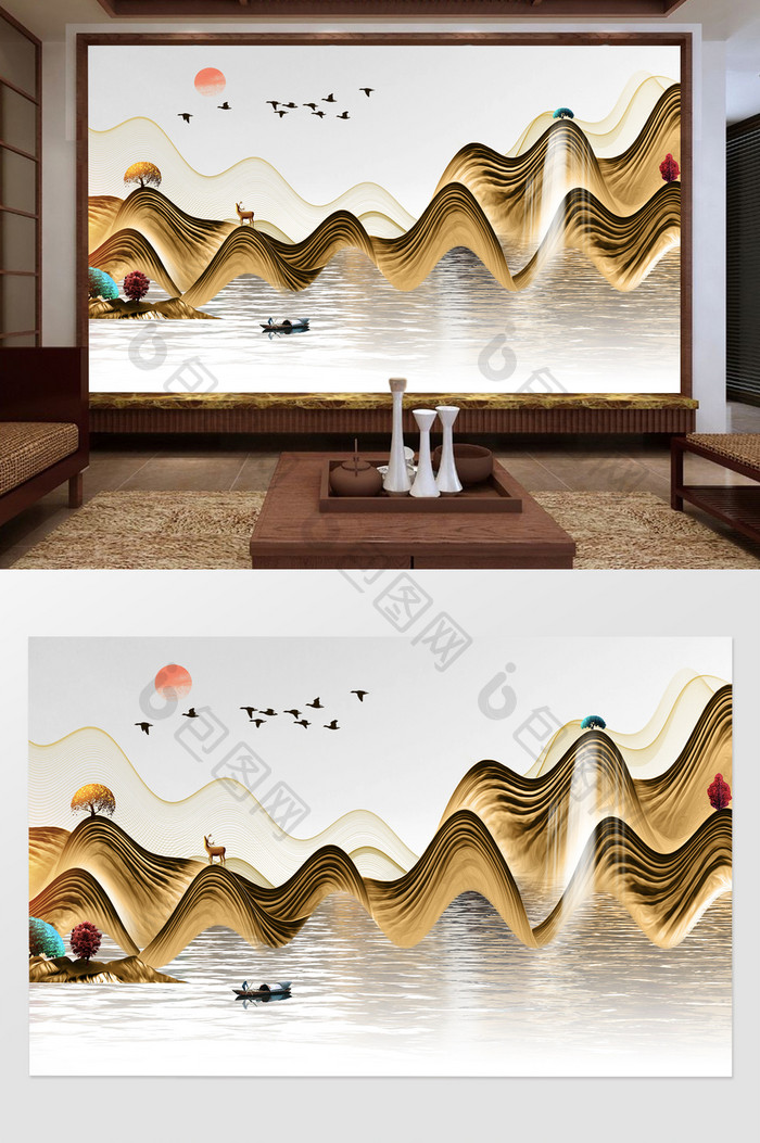 新中式禅意意境抽象水墨山水电视背景墙定制