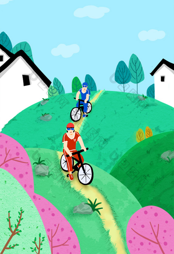 绿色春季骑行运动插画