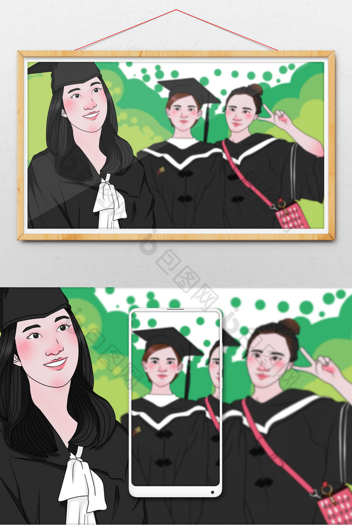 夏日学士服毕业季大学生毕业照插画