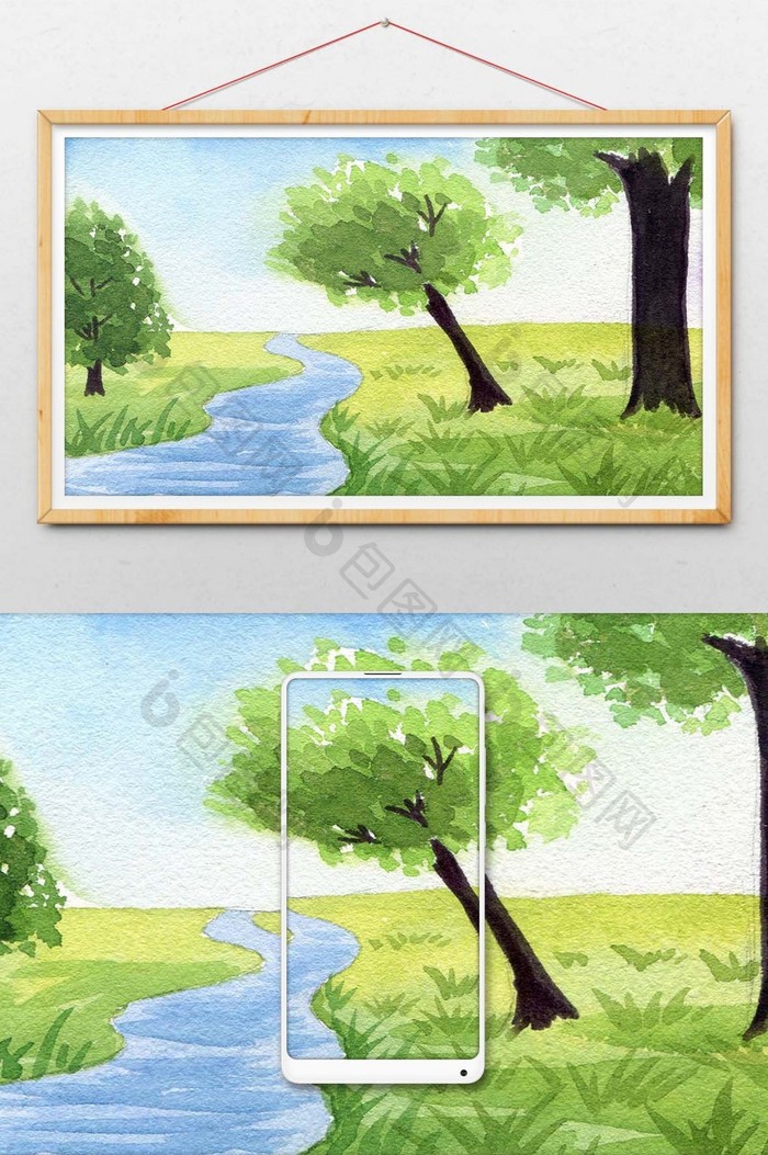 蓝色夏日素材小溪手绘背景风景清新水彩