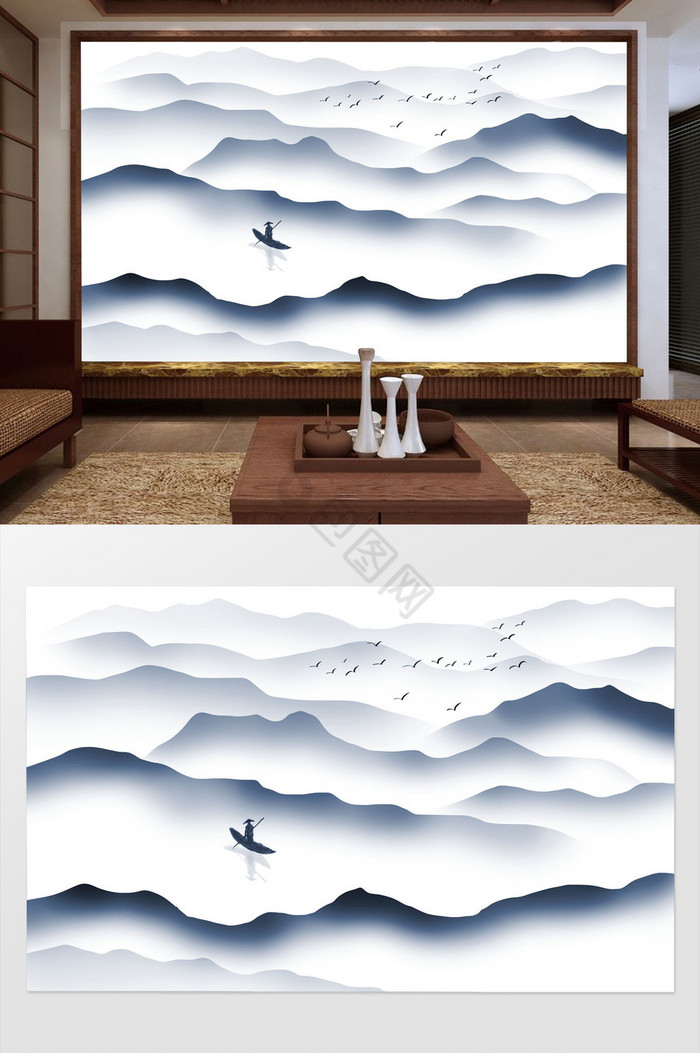 中式禅意水墨山水画背景墙图片