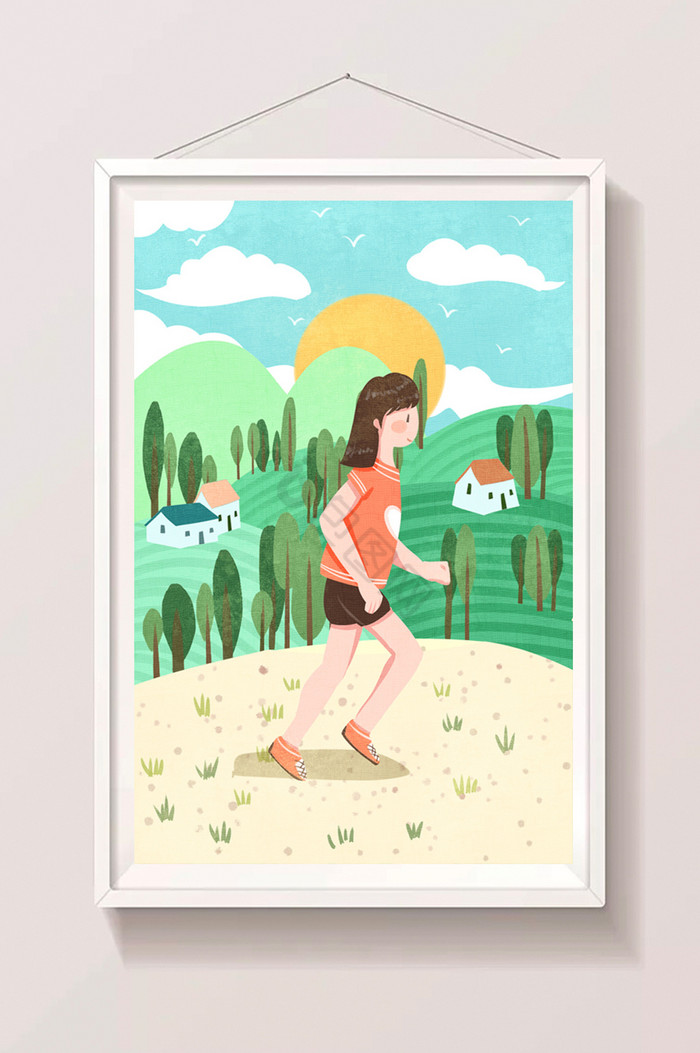 女性健康生活户外跑步插画