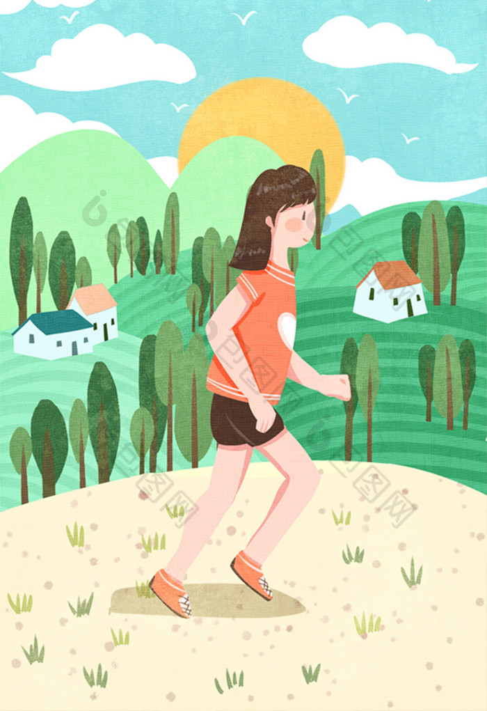清新可爱绿色女性健康生活户外跑步插画