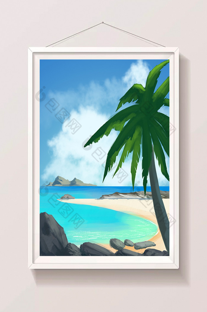 石头茂盛椰子树插画背景图片