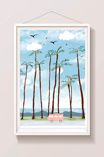 唯美小清新夏日公路上的车和果子树图片