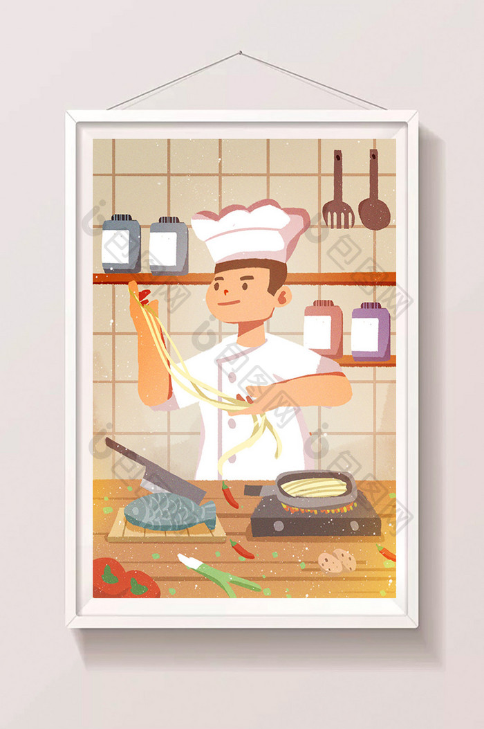 卡通厨子厨师煮面条拉面面食广告设计插画