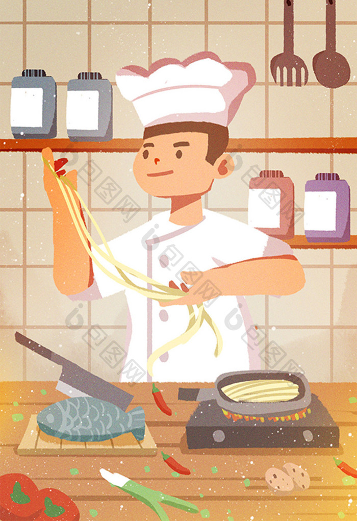 卡通厨子厨师煮面条拉面面食广告设计插画