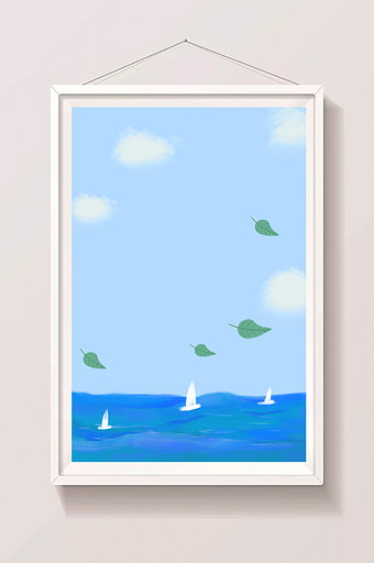 卡通水彩大海帆船风景图片
