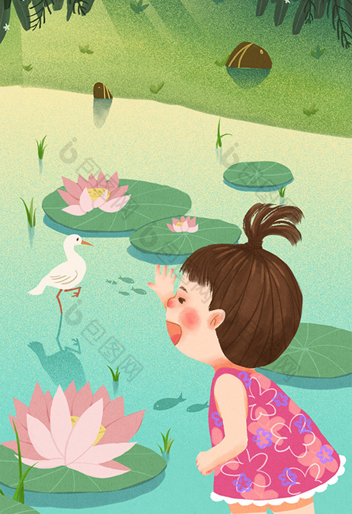 绿色清新池塘荷花戏水儿童节手绘插画