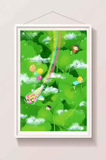 绿色清新银杏叶间欢乐儿童节儿童玩耍插图图片