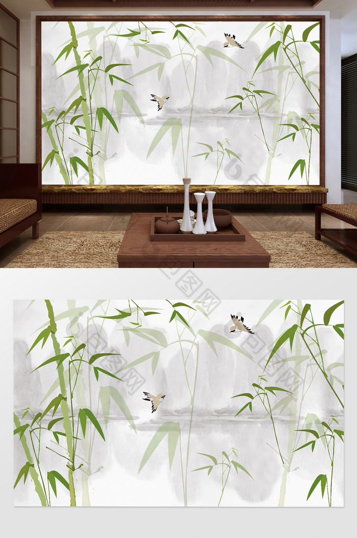 新中式竹子小鸟水墨山电视背景墙图片图片