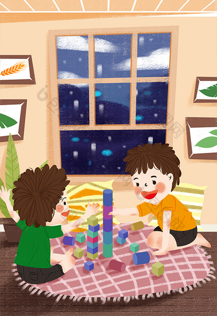 可爱欢快治愈六一儿童节孩子堆积木插画