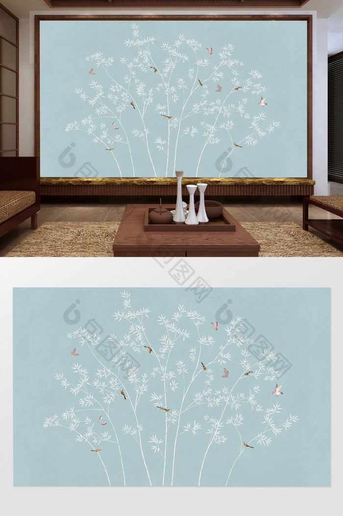 新中式手绘竹子手绘花鸟背景墙图片图片