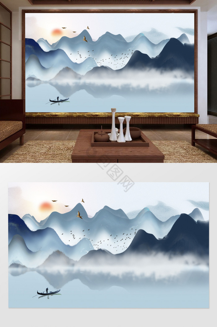 新中式意境山水电视背景墙定制图片