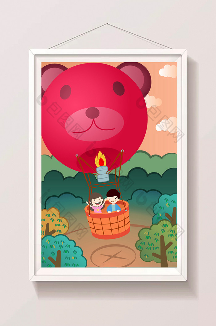 可爱卡通治愈小熊热气球旅行儿童节插画