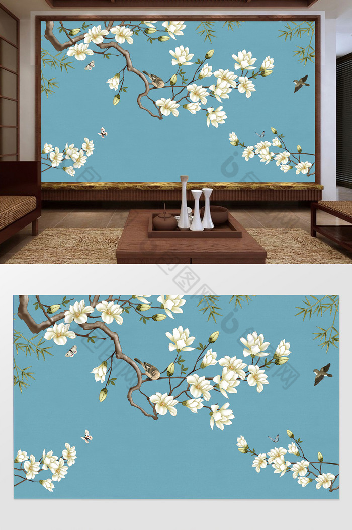 新中式手绘玉兰花鸟电视背景墙壁画效果图-【包图网】