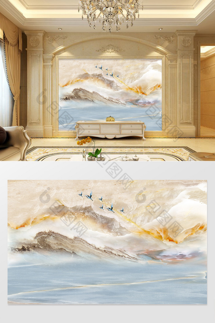 高清3D大理石纹山水花日出背景墙江山风景