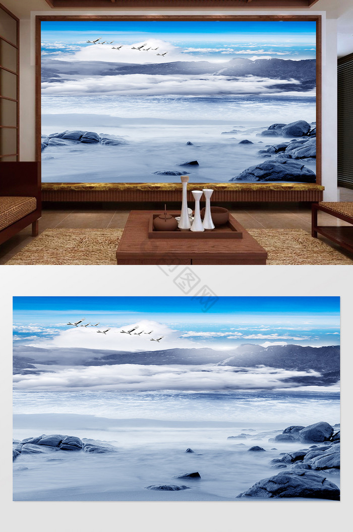 新中式意境水墨山水电视背景墙中式风情图片