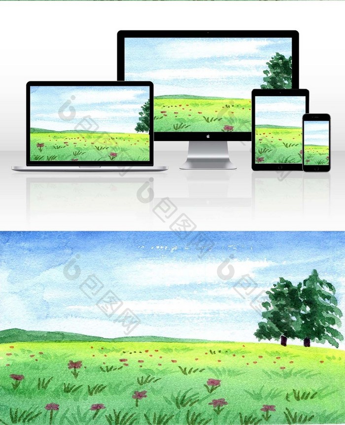 绿色花海夏日素材手绘风景清新水彩 图片下载 包图网