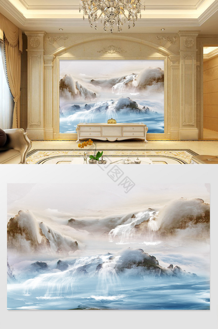 高清3D大理石纹山水花日出背景墙溪水流云图片