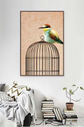 现代意境动物小鸟鸟笼装饰画客厅挂画图片