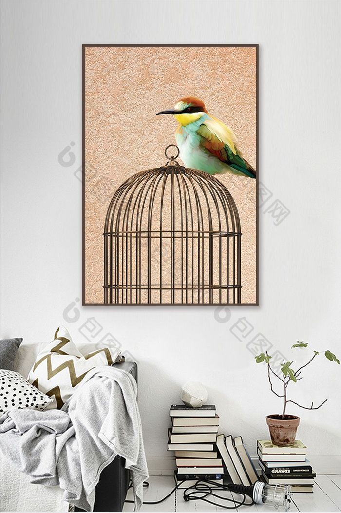 现代意境动物小鸟鸟笼装饰画客厅挂画图片图片